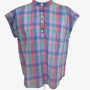 Vintage Pastel Colorful Plaid Button Blouse